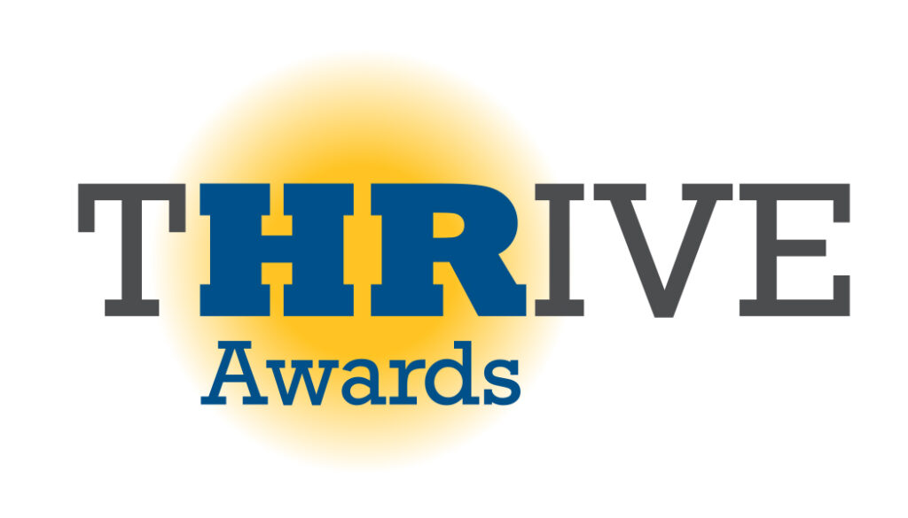 Blue THRIVE Awards logo over yellow sunburst